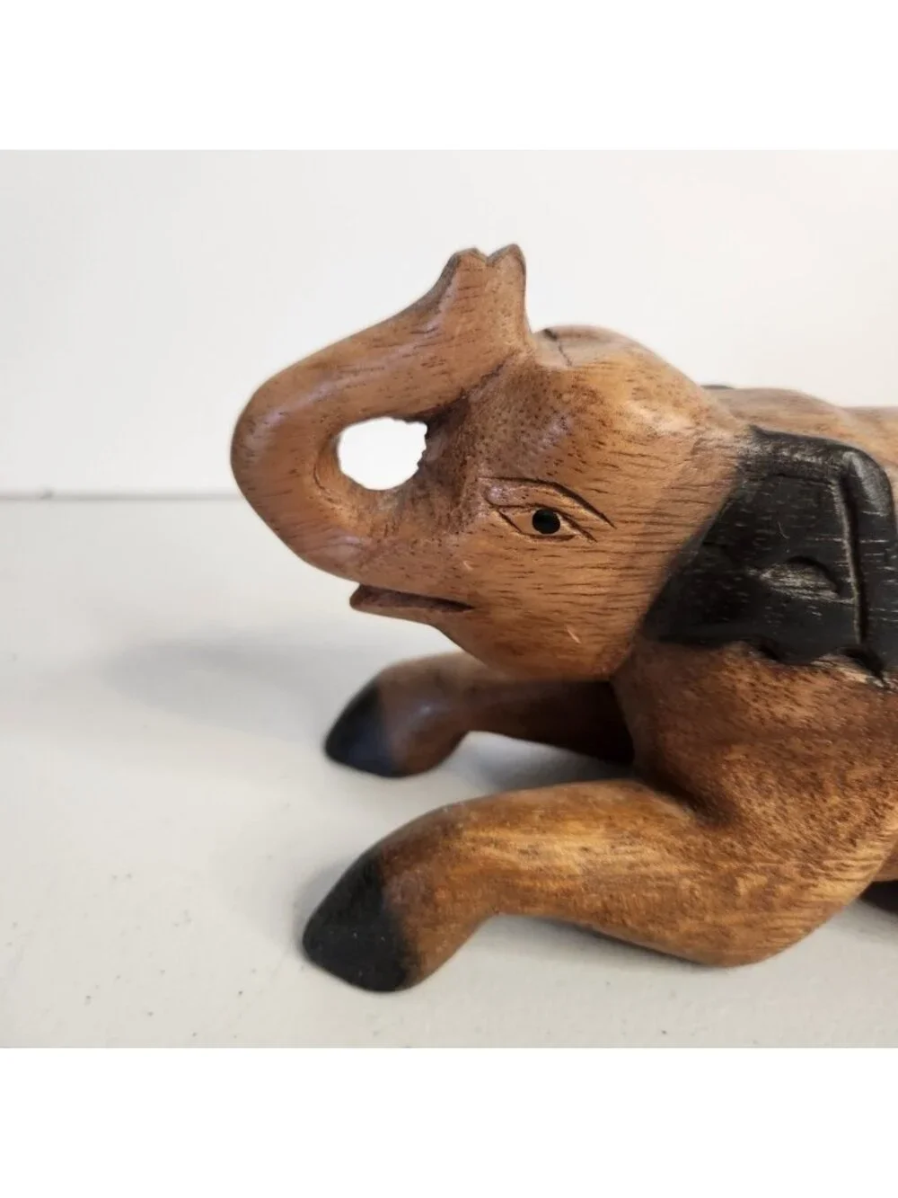 Vintage Wood Elephant Hand Carved Door Wedge Stopper Raised Trunk Up Boho 1970s